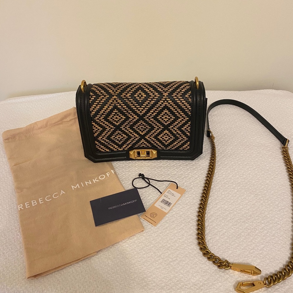Rebecca Minkhoff Medium Love Crossbody, Black leather/raffia